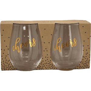 Harmon "Cheers" Stemless Wine Glasses / Set of 2 / Gold Writing