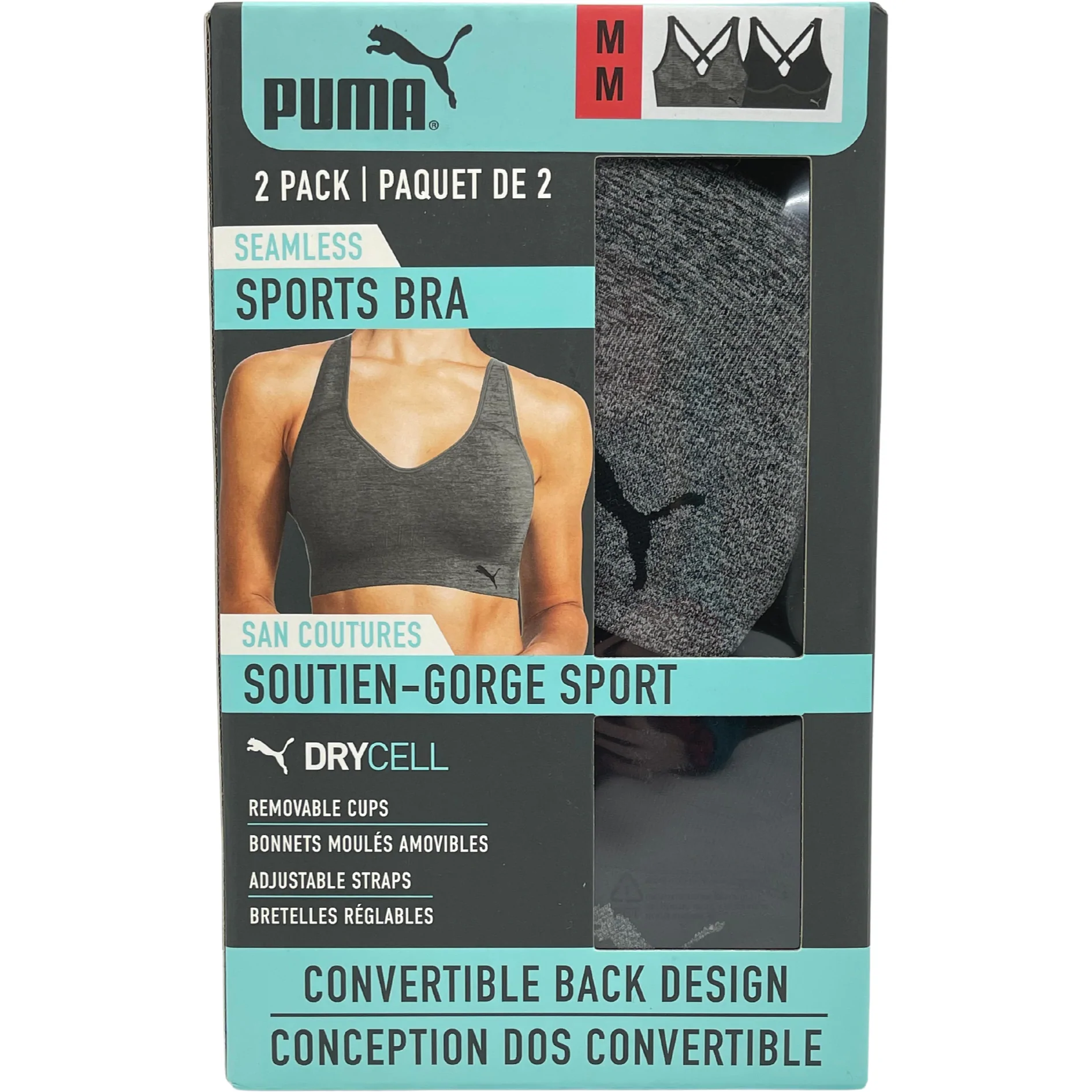 PUMA Performance Women's Seamless Sports Bra 2 Pack Convertible (Black/Dark  Heather Grey, S)