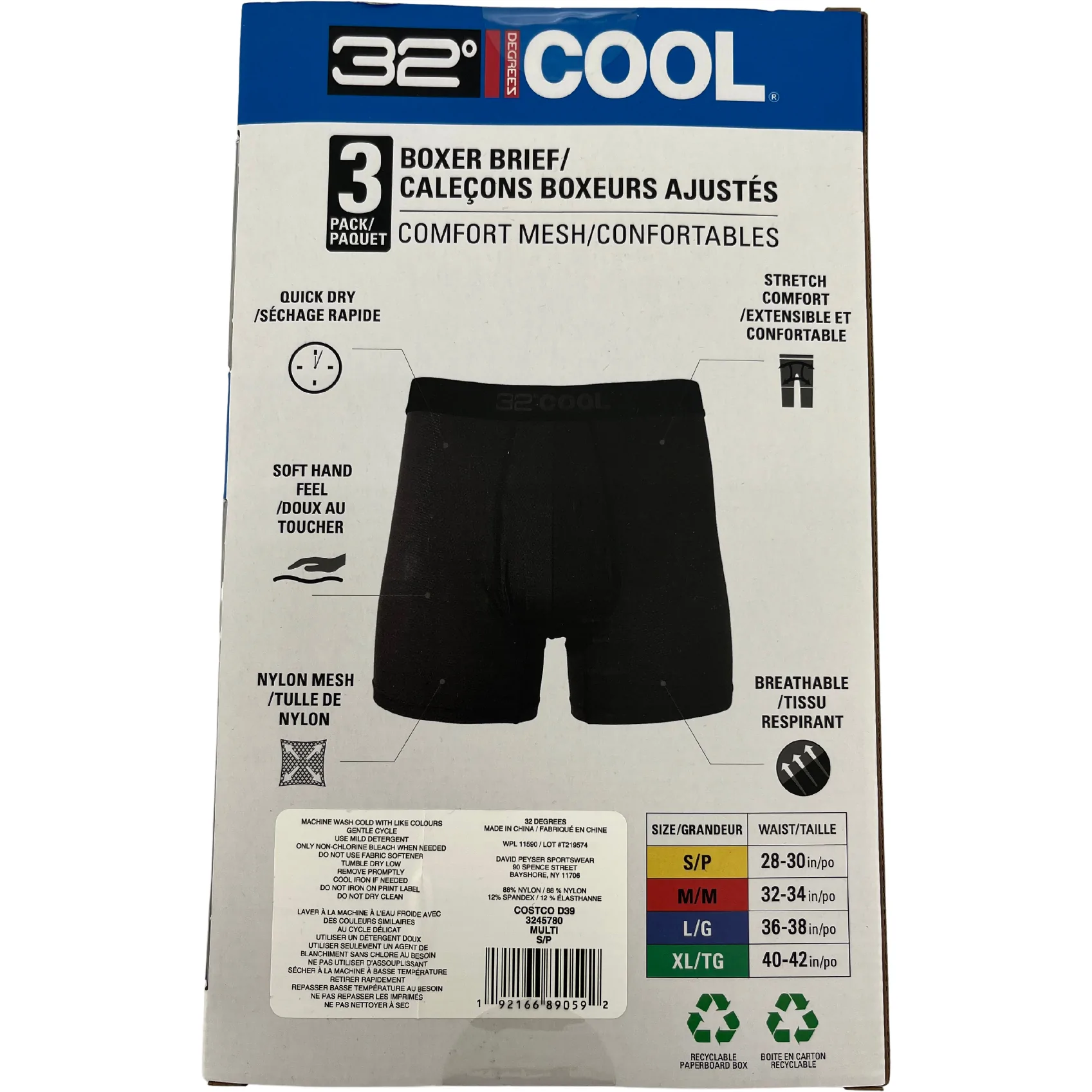 NEW in box 32 degrees 3 pack black boxer brief comfort mesh. Size Large