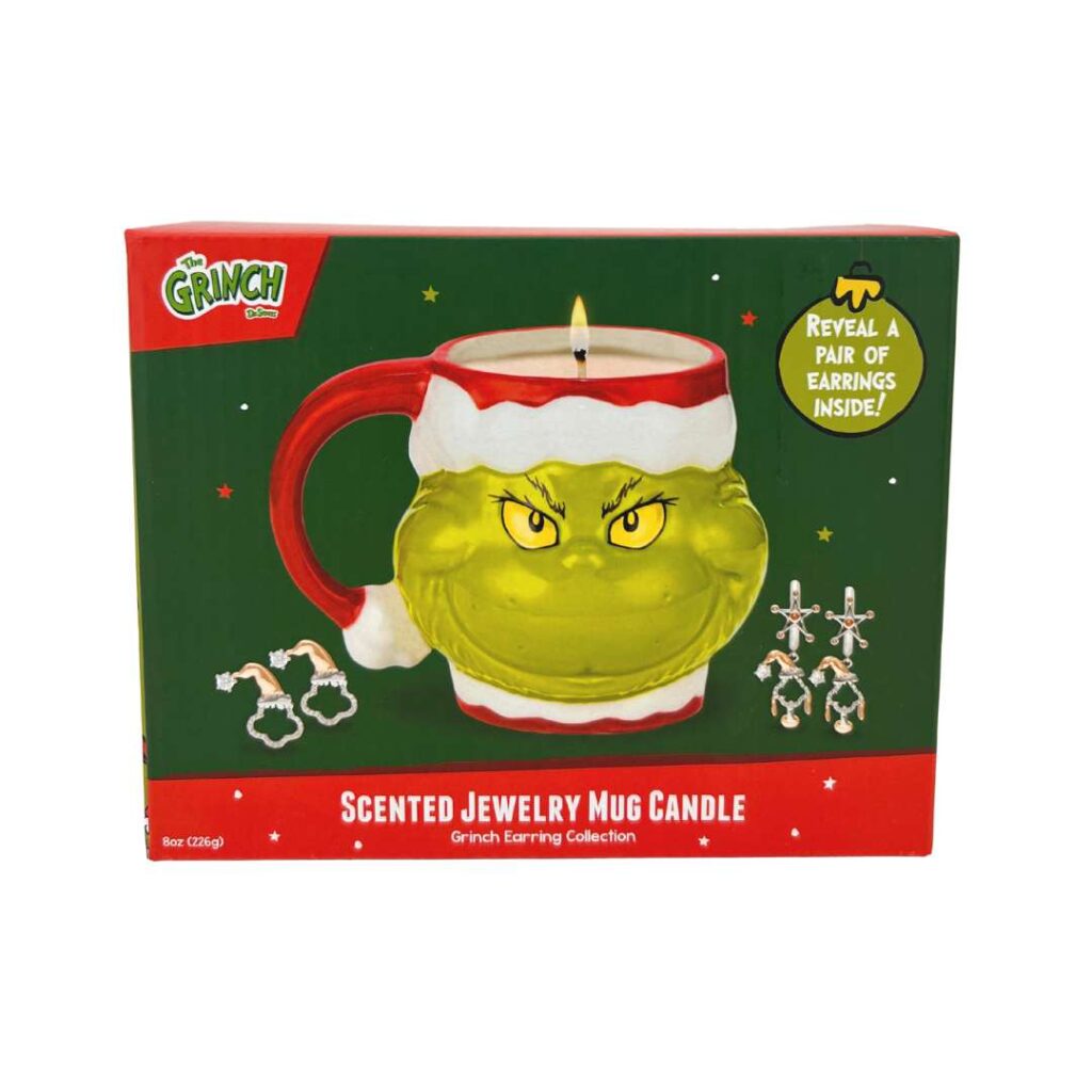 Dr Seuss. The Grinch Mug Candle - Grinch Earring Collection